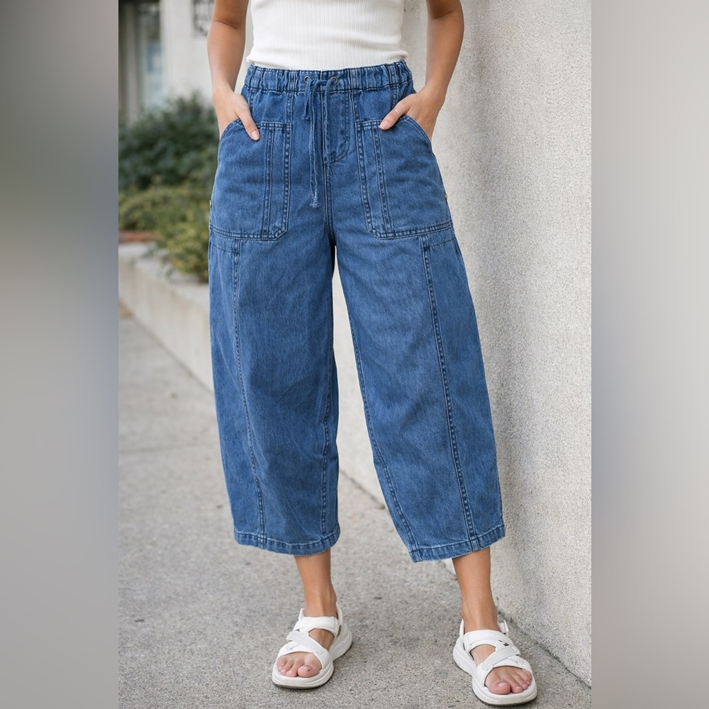 ✨ Entro Denim Wide Leg Cropped‎ Pants Size Medium Drawstring Waist